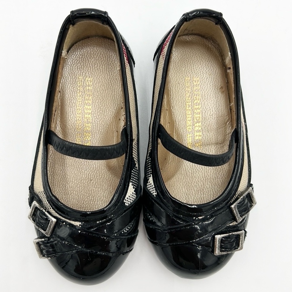 BURBERRY GIRLS PATENT LEATHER NOVA CHECK BLACK BALLERINA FLAT SZ 5C - Picture 6 of 15